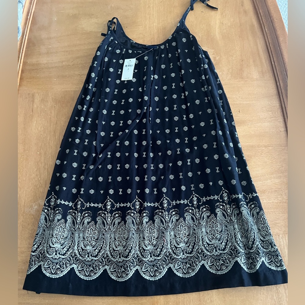 Gap 100% Cotton Black Patterned Dress wth ties at shoulders Girls M (8) lined